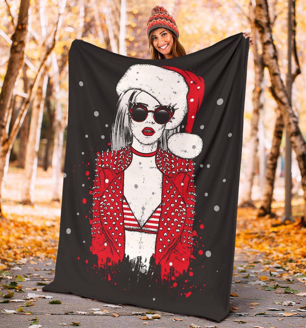 Sexy Rock Style Girl with Santa Claus Hat Premium Blanket - Top Content | POD Collection | Free Shipping