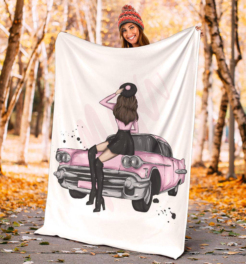 Premium Blanket Vintage Car Stylish Pink Girl - Top Content | POD Collection | Free Shipping