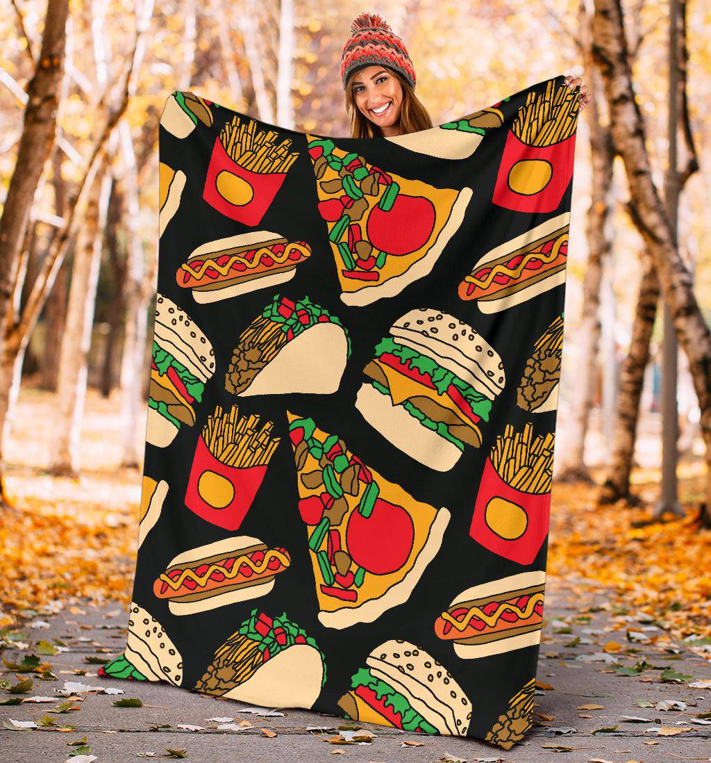 Fast Food Pizza Tacos Burger  Fries Hotdog Premium Blanket - Top Content | POD Collection | Free Shipping