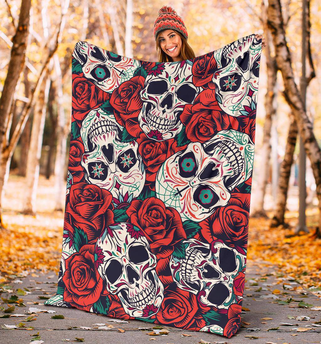 DÃ­a De Muertos Skull Roses Pattern Premium Blanket - Top Content | POD Collection | Free Shipping