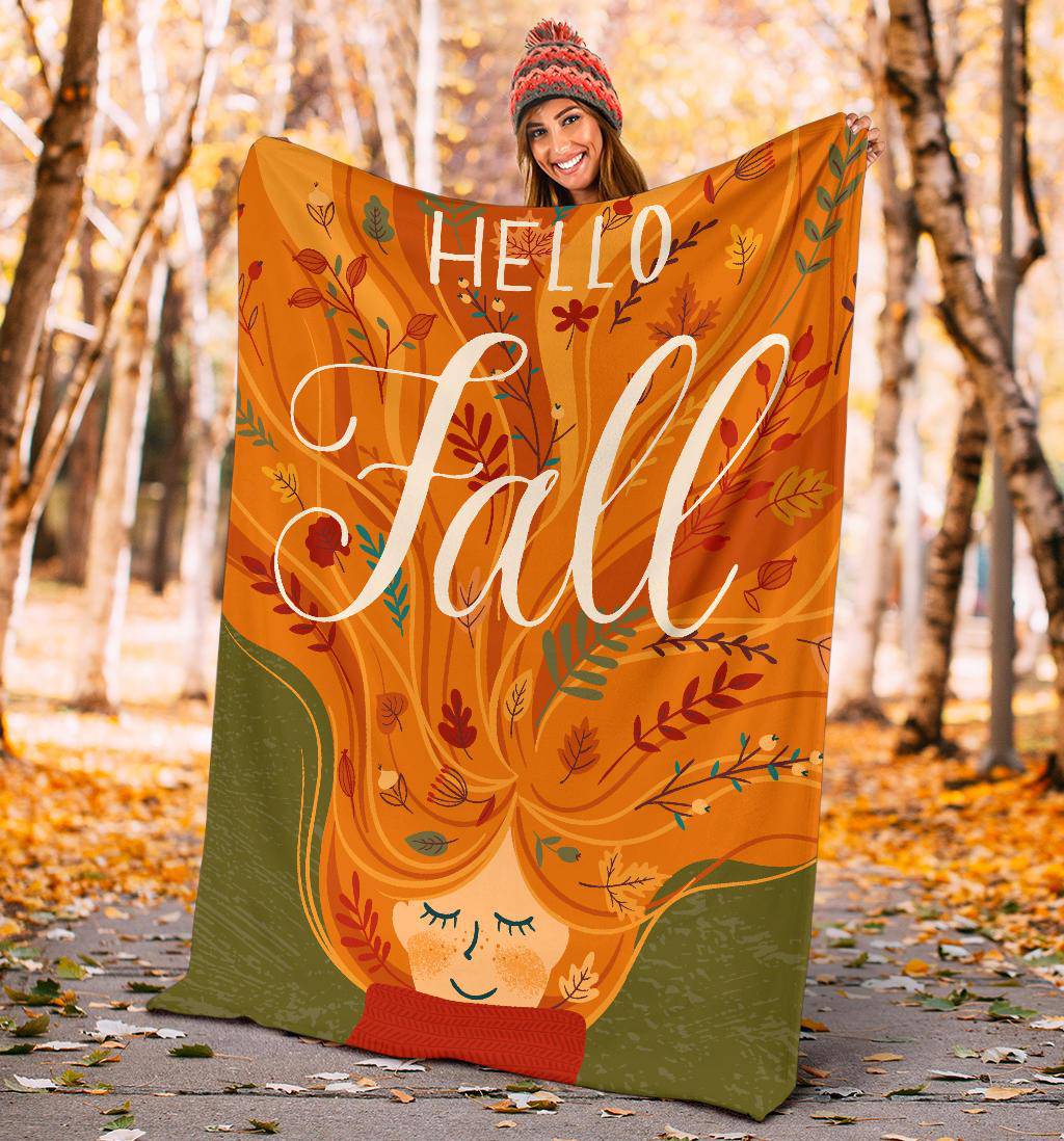 Hello Autumn Fall Leaves Red Hair Girl Premium Blanket - Top Content | POD Collection | Free Shipping