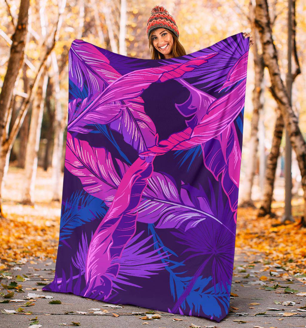 Pink Purple Banana Leaves Palm Tree Premium Blanket - Top Content | POD Collection | Free Shipping