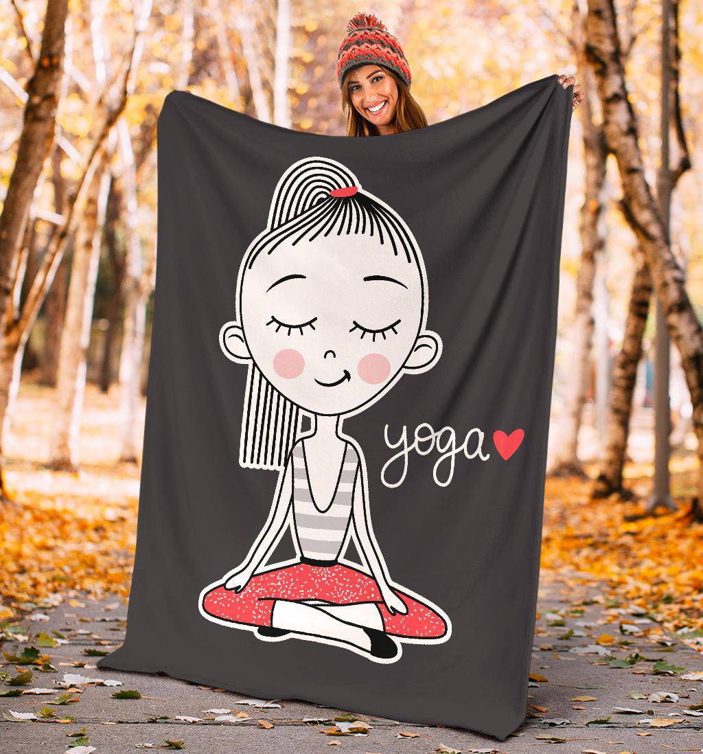 I Love Yoga, Cut Girl Doing Yoga, Lotus Position Cartoon Premium Blanket - Top Content | POD Collection | Free Shipping