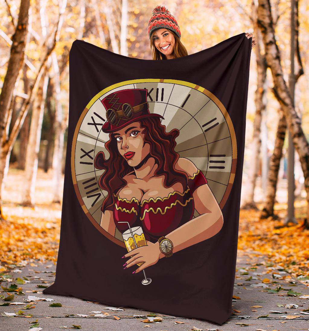 Premium Blanket Steampunk Girl Clock Illustration Cartoon - Top Content | POD Collection | Free Shipping