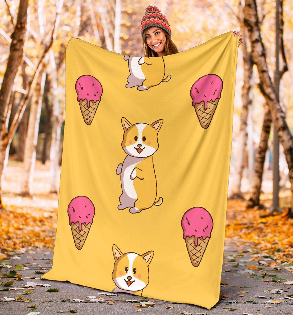 Cute Corgi With Ice Cream, Yellow Doodle Style Cartoon Premium Blanket - Top Content | POD Collection | Free Shipping