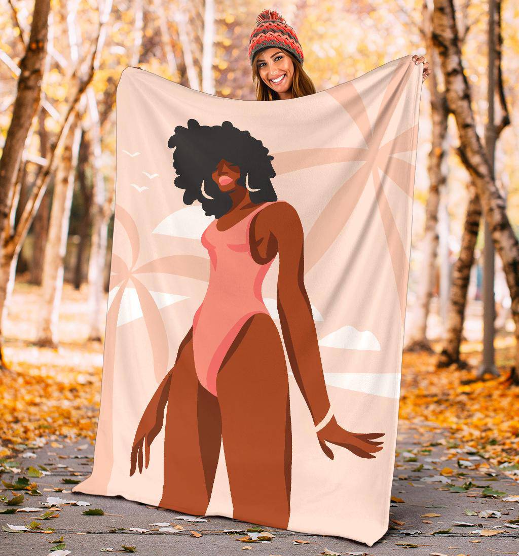 Hand Drawn Afro American Woman Bikini Beach Palms Premium Blanket - Top Content | POD Collection | Free Shipping