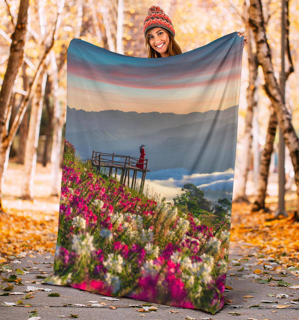 Girl Colourful Flower Field Nature Premium Blanket - Top Content | POD Collection | Free Shipping