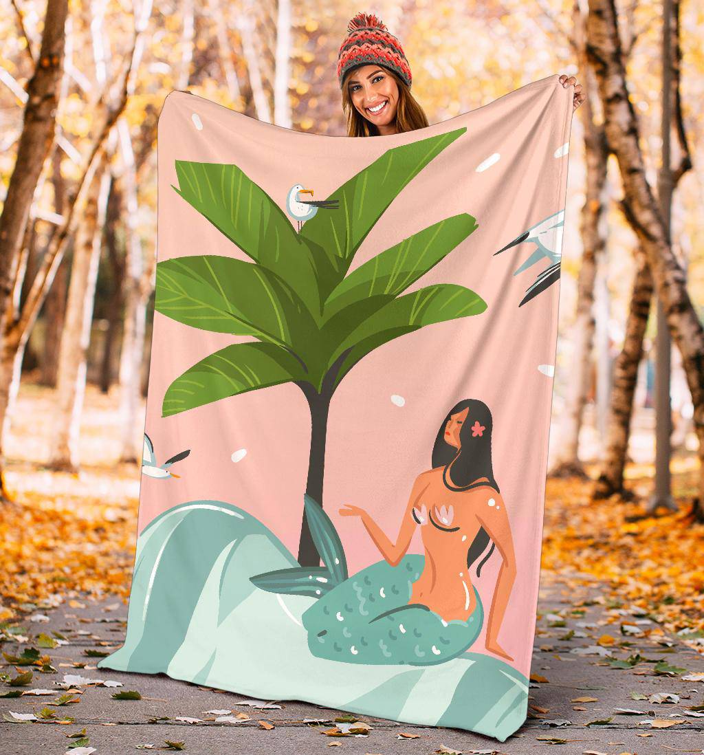 Summer Vibes Cartoon, Girl Mermaid on the Beach, Hand Drawn Premium Blanket - Top Content | POD Collection | Free Shipping