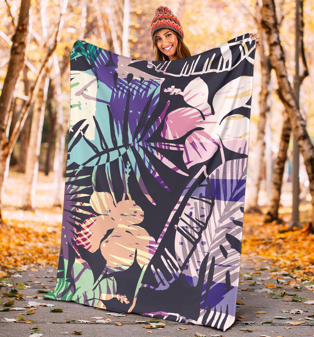 Colorful Tropical Leaves Pattern, Exotic Plants Premium Blanket - Top Content | POD Collection | Free Shipping