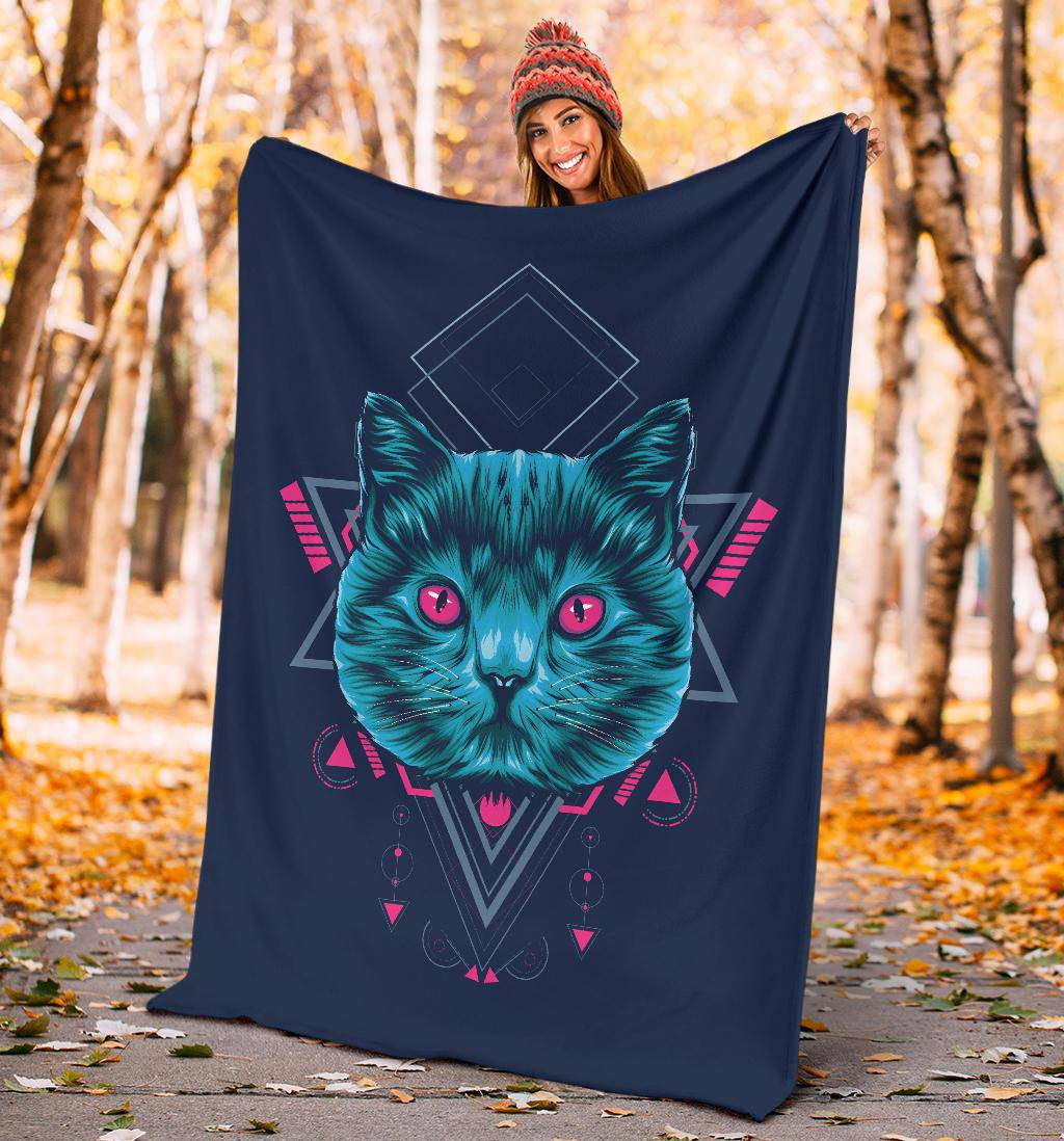 Cat Sacred Geometry Premium Blanket, Cool Cartoon Illustration - Top Content | POD Collection | Free Shipping