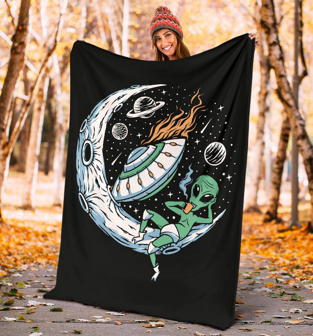 Alien Drinking Coffee On The Moon Premium Blanket, Cool Space Cartoon Drawing - Top Content | POD Collection | Free Shipping