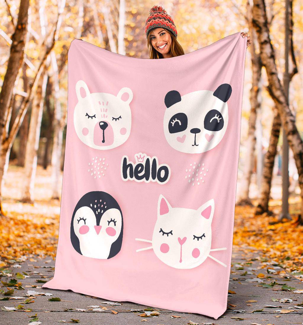 Hello Cute Bear Penguin Cat Bunny, Animal Cartoon Premium Blanket, - Top Content | POD Collection | Free Shipping