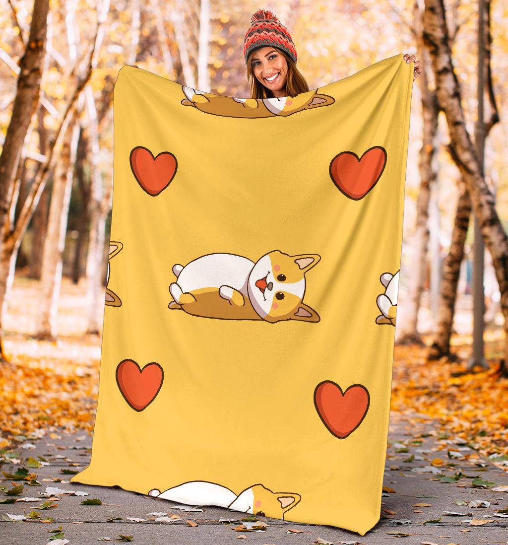 Cute Corgi WIth Love Icon, Doodle Yellow Style Cartoon Premium Blanket - Top Content | POD Collection | Free Shipping