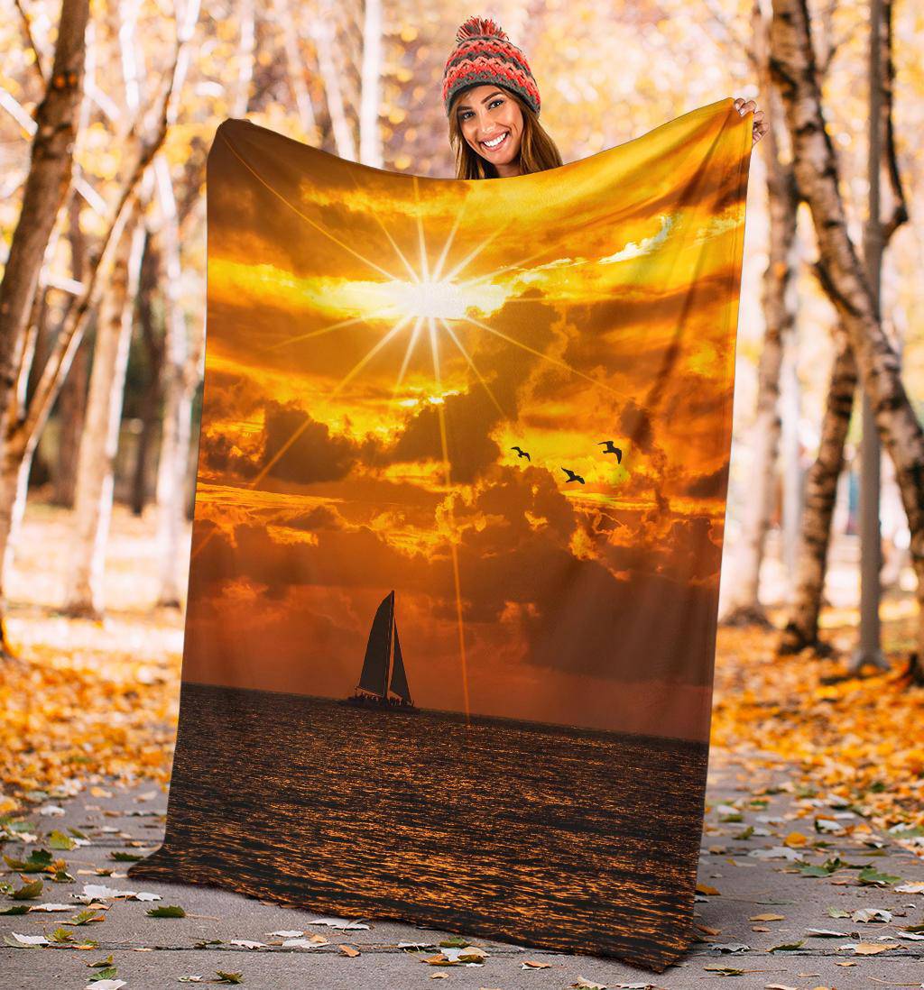 Silhouette Boat Sea Sun Birds Premium Blanket - Top Content | POD Collection | Free Shipping