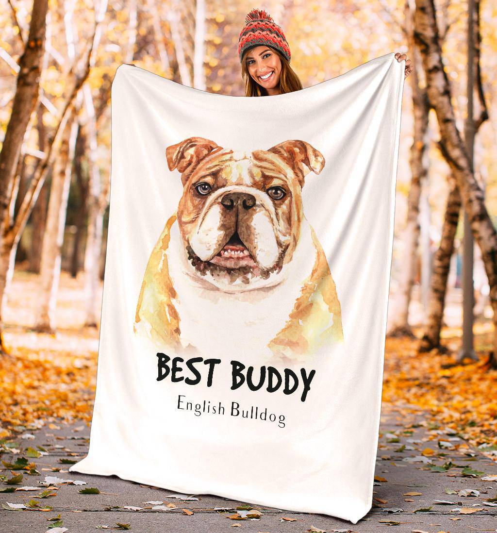 Watercolour English Bulldog Portrait Premium Blanket, Best Buddy Cartoon - Top Content | POD Collection | Free Shipping