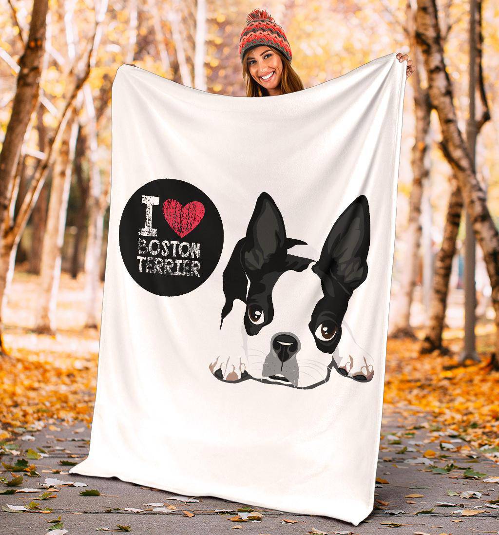 Cute Dog Cartoon Illustration, I Love Boston Terrier Premium Blanket - Top Content | POD Collection | Free Shipping