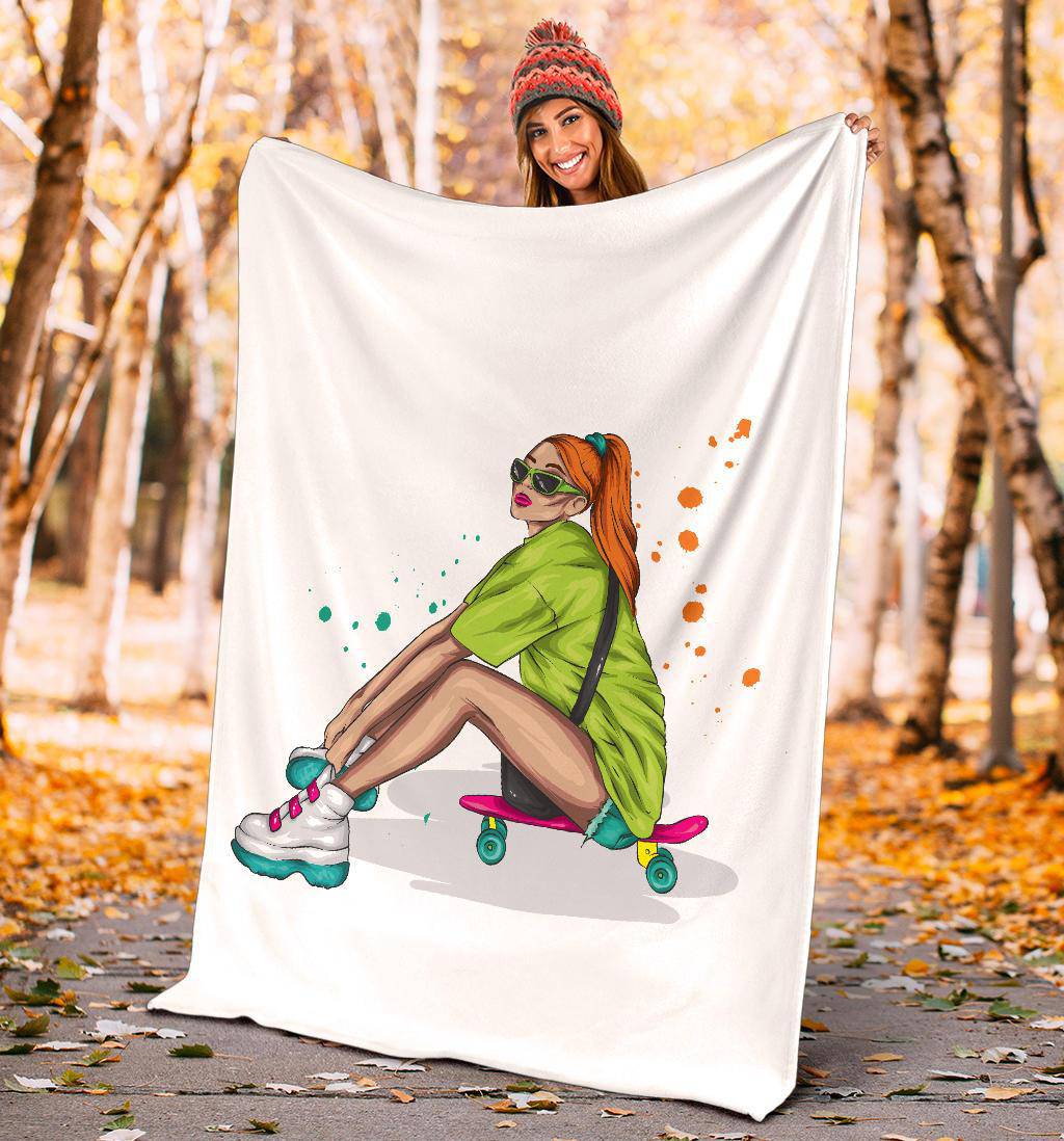 Premium Blanket Stylish Beautiful Girl With Skateboard Illustration - Top Content | POD Collection | Free Shipping