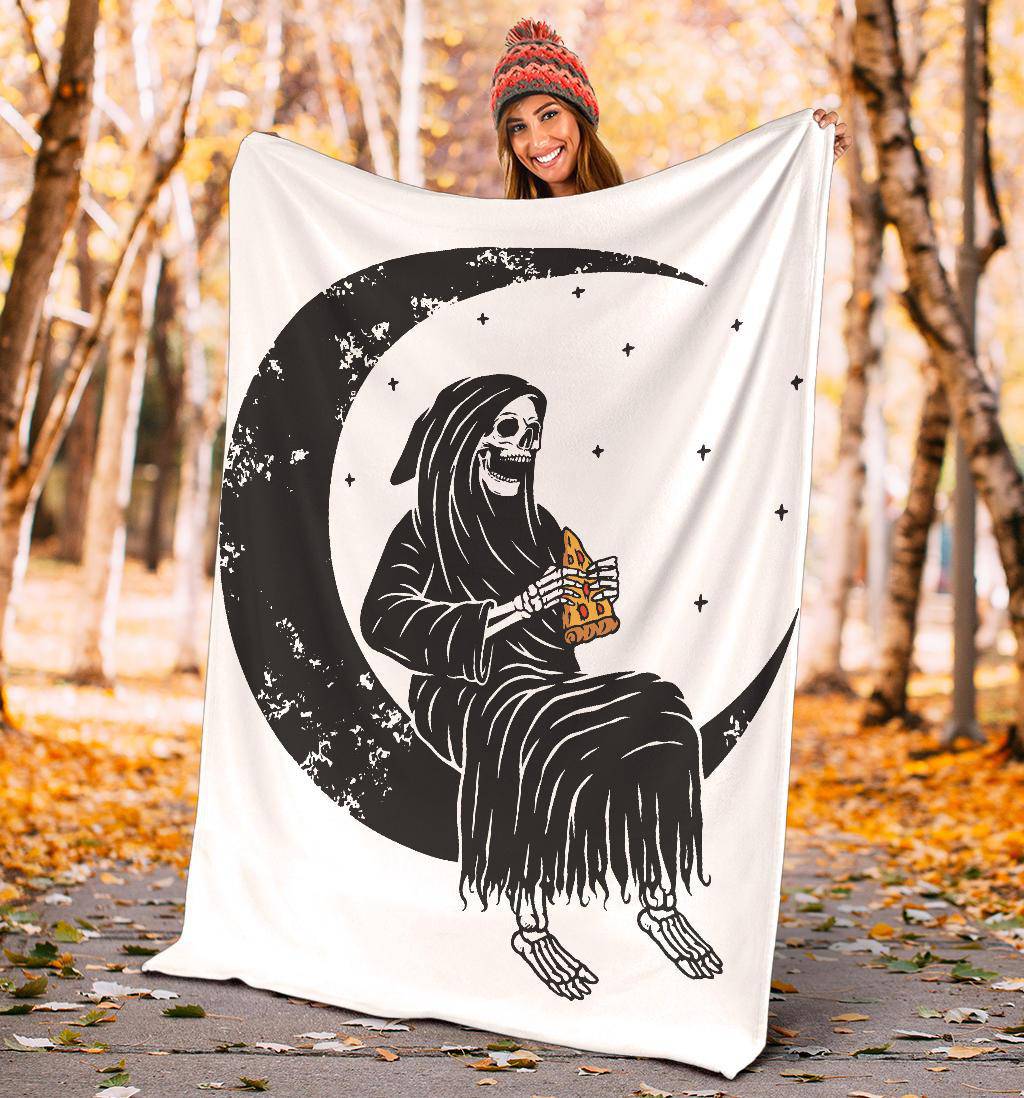 Premium Blanket Skull Moon Grim Reaper Eating Pizza Funny Cartoon - Top Content | POD Collection | Free Shipping