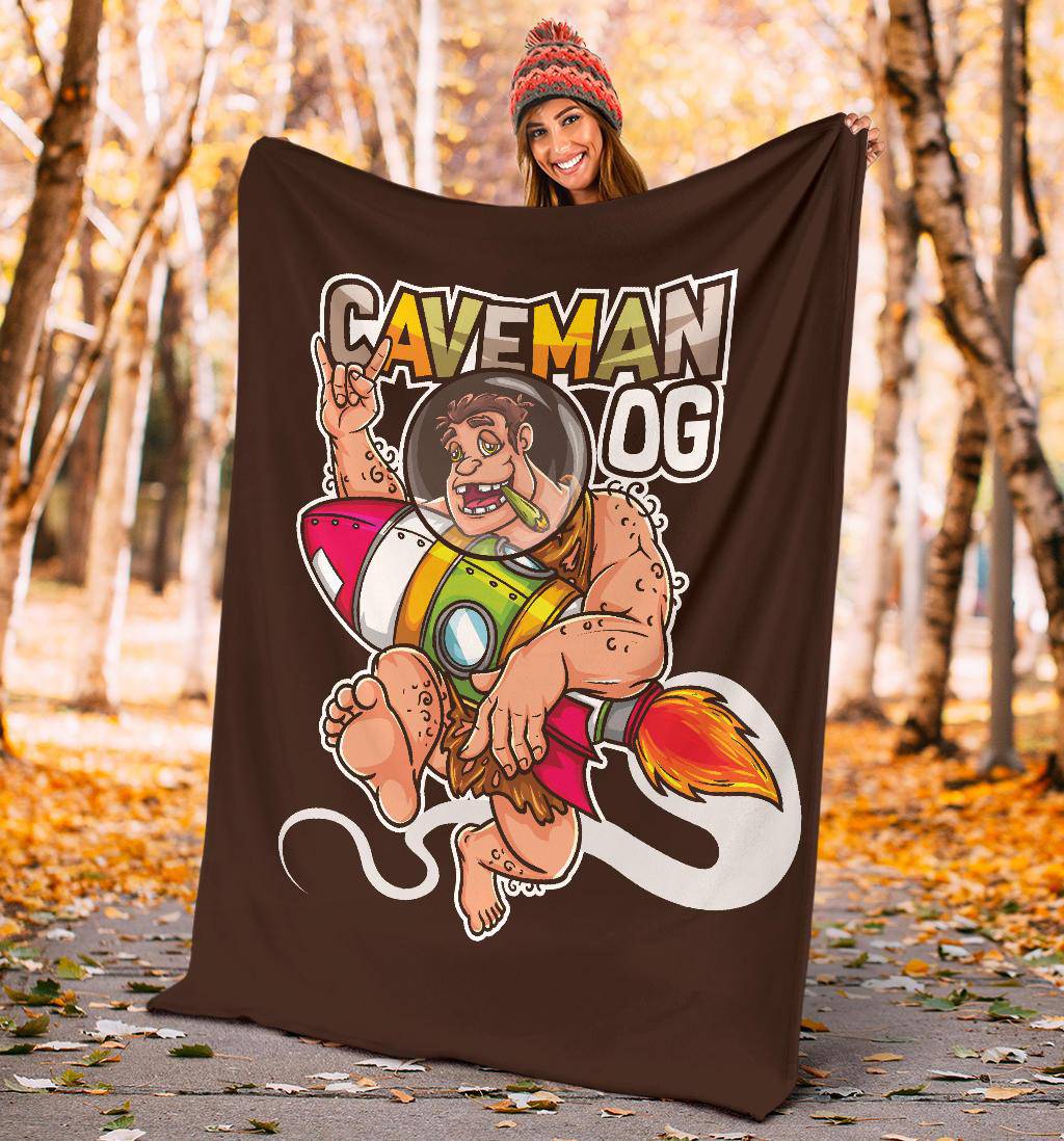 Caveman Smoking Medical Cannabis and Holding Rocket Premium Blanket - Top Content | POD Collection | Free Shipping