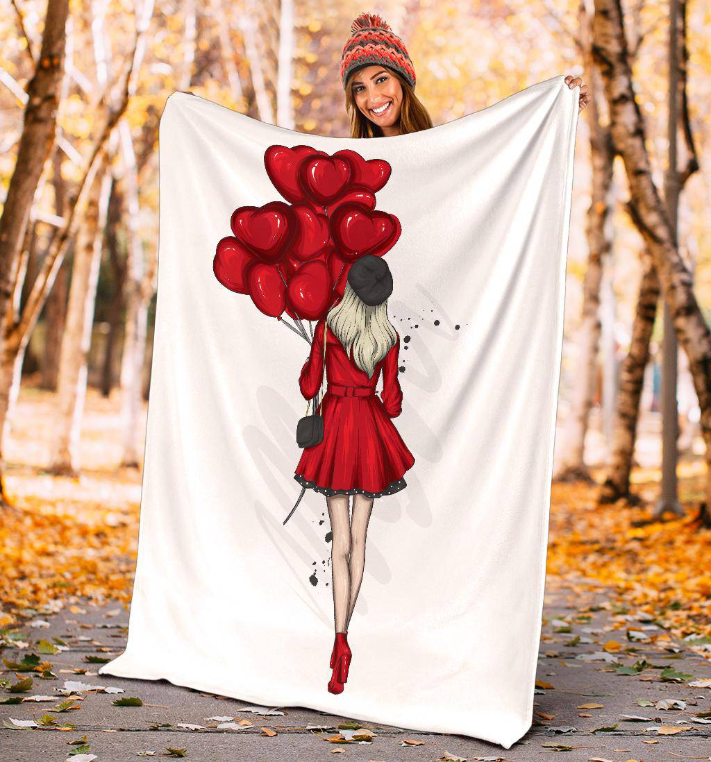 Premium Blanket Stylish Beautiful Girl With Heart Ballons - Top Content | POD Collection | Free Shipping