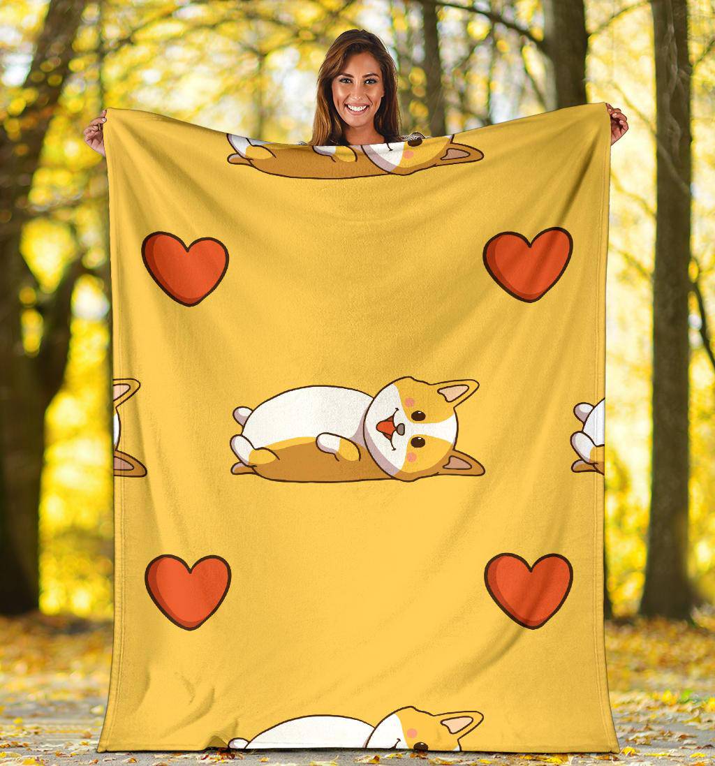 Cute Corgi WIth Love Icon, Doodle Yellow Style Cartoon Premium Blanket - Top Content | POD Collection | Free Shipping