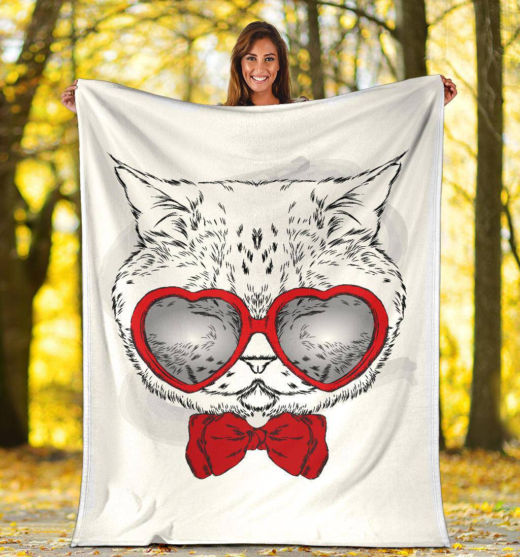 Cute Cat With Red Heart Glasses Premium Blanket - Top Content | POD Collection | Free Shipping