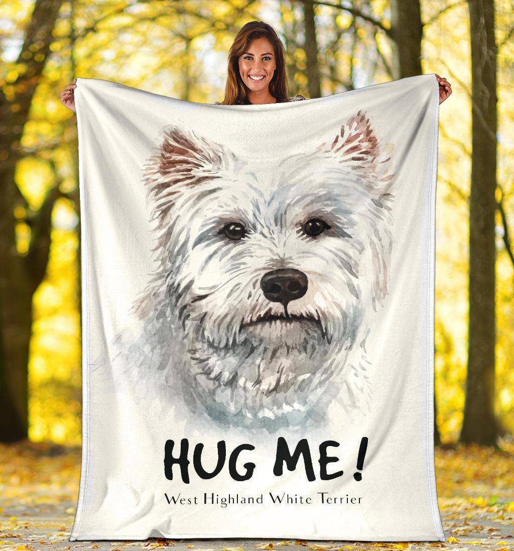 White Terrier Watercolor Portrait Premium Blanket, Hug Me Dog Drawing - Top Content | POD Collection | Free Shipping