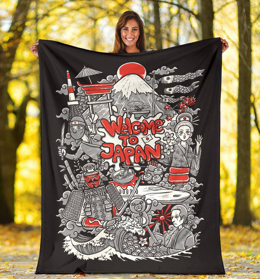 Welcome To Japan Premium Blanket, Illustration Of Culture Landmarks - Top Content | POD Collection | Free Shipping