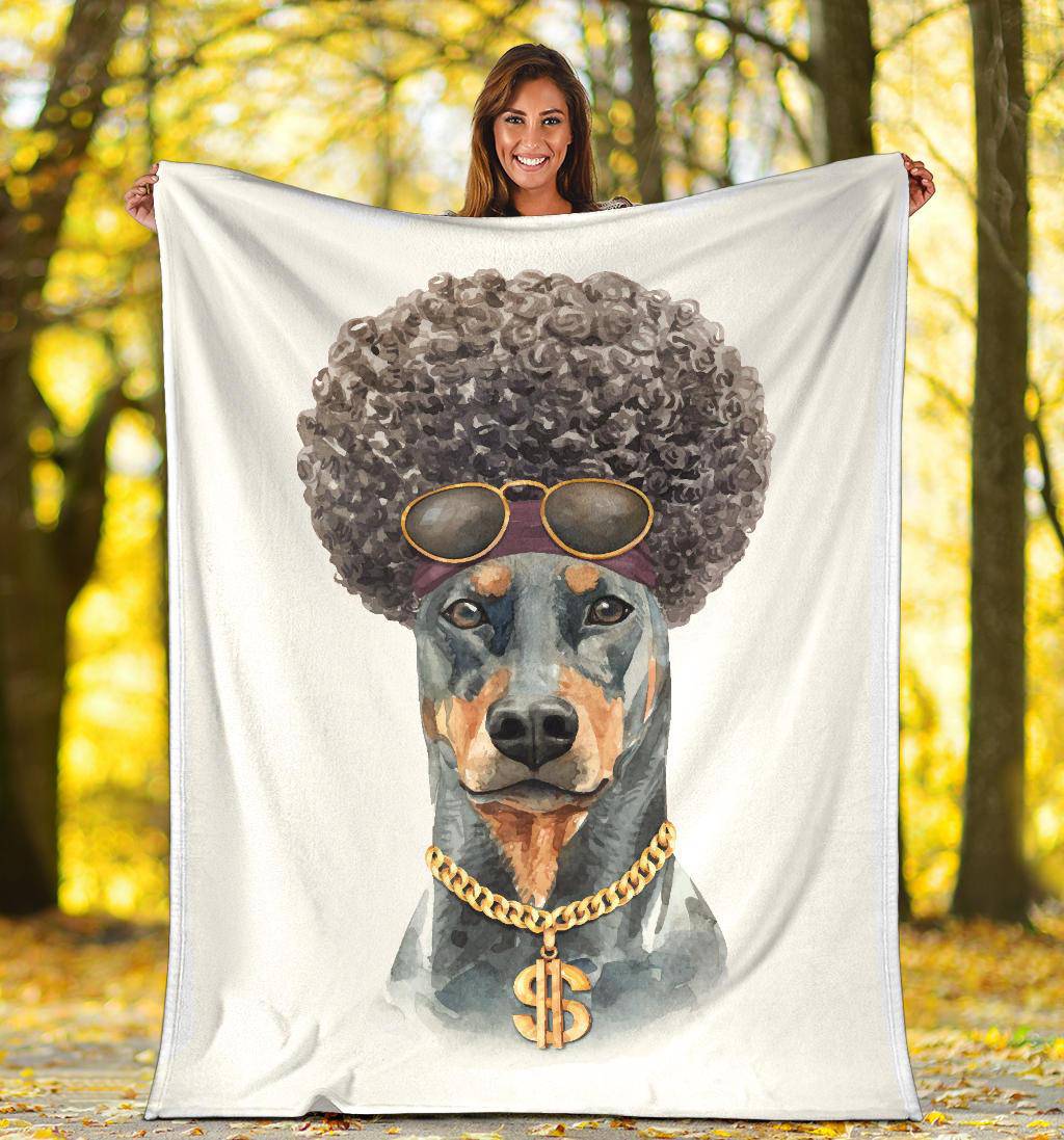 Funny Afro Doberman Premium Blanket, Watercolour Dog Portrait Drawing - Top Content | POD Collection | Free Shipping