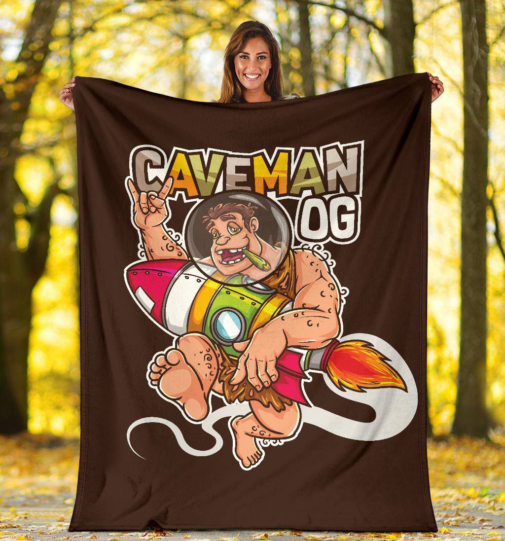 Caveman Smoking Medical Cannabis and Holding Rocket Premium Blanket - Top Content | POD Collection | Free Shipping