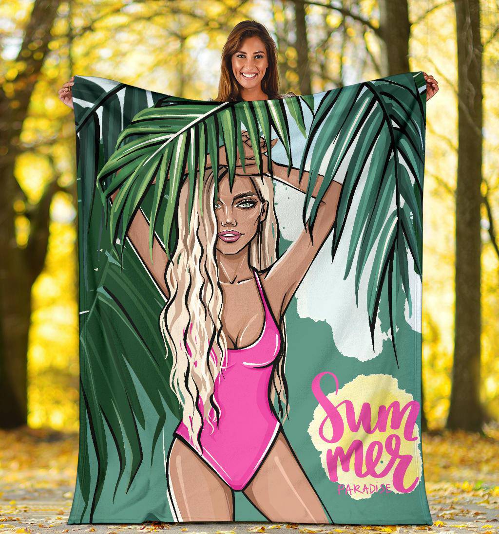 Summer Blonde Girl Premium Blanket, Beach Vibes, Palm Leaves Cartoon - Top Content | POD Collection | Free Shipping