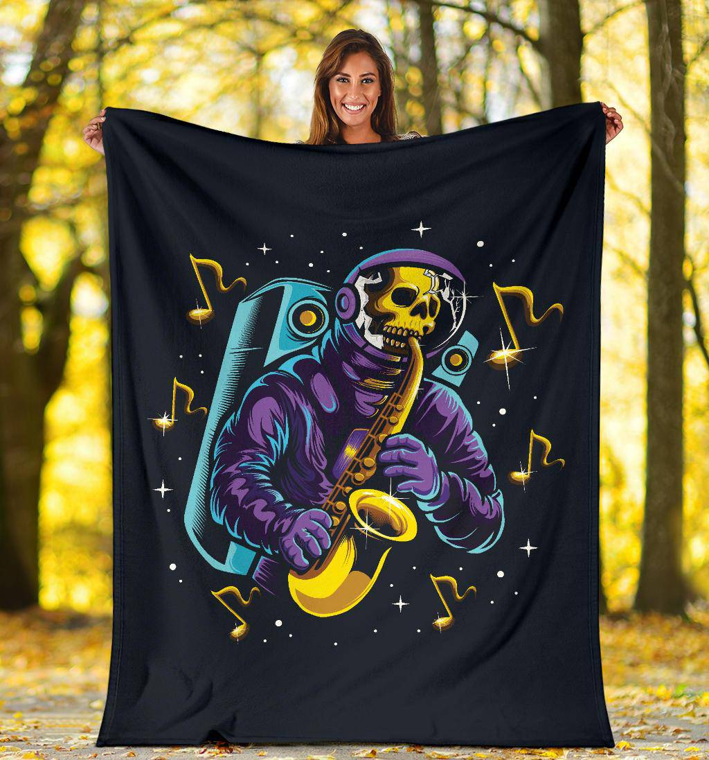 Premium Blanket Skull Astronaut Playing Saxophone Space Music Illustration - Top Content | POD Collection | Free Shipping