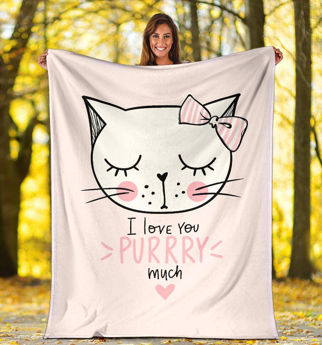 Cute Pink Cat Cartoon Drawing Premium Blanket, I Love You Purrry Much - Top Content | POD Collection | Free Shipping