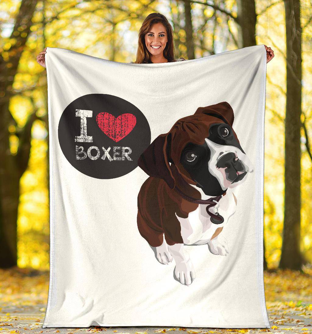 I Love Boxer, Cute Dog Cartoon Illustration Premium Blanket - Top Content | POD Collection | Free Shipping