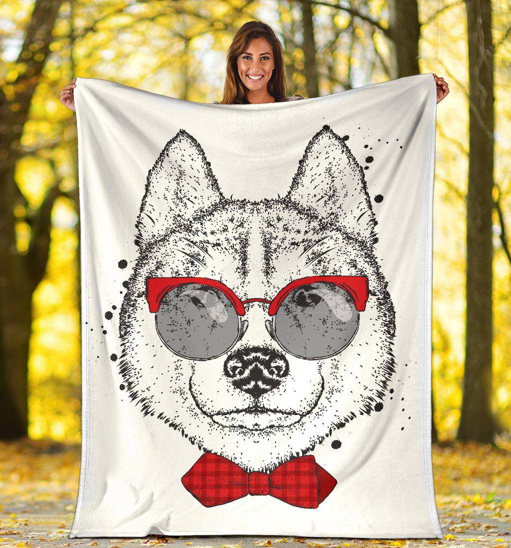 Cute Husky Drawing With Tie And Glasses Premium Blanket - Top Content | POD Collection | Free Shipping