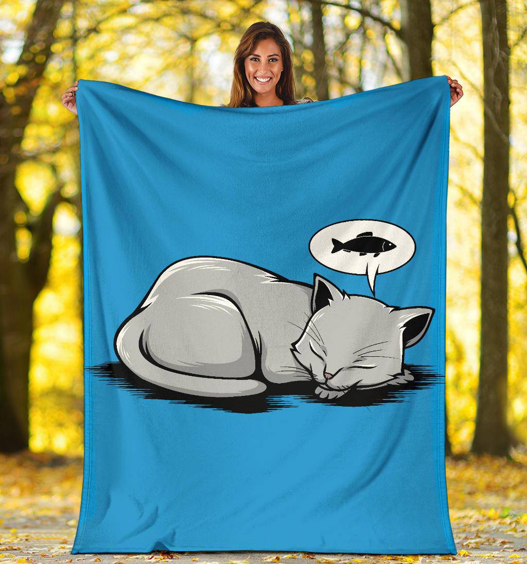 Sleeping Cat Dreaming About Fish Premium Blanket - Top Content | POD Collection | Free Shipping