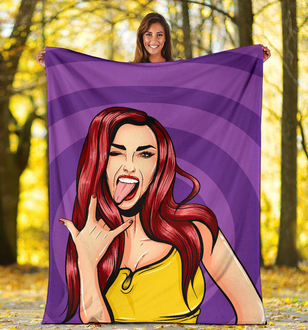 Crazy Girl Pop Art Rock Showing Tongue Premium Blanket - Top Content | POD Collection | Free Shipping