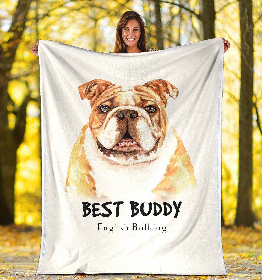 Watercolour English Bulldog Portrait Premium Blanket, Best Buddy Cartoon - Top Content | POD Collection | Free Shipping