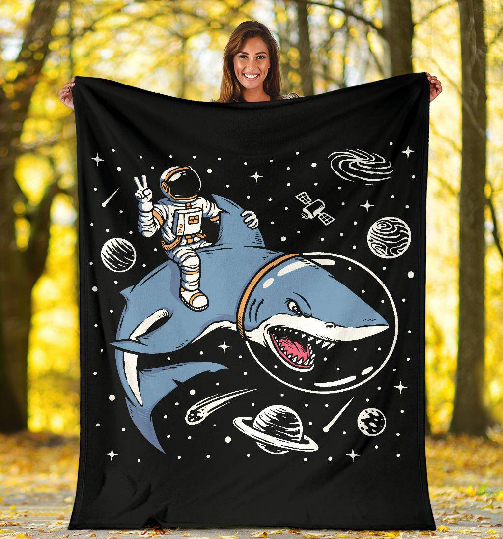 Astronaut Riding A Shark Premium Blanket, Cool Space Cartoon Drawing - Top Content | POD Collection | Free Shipping