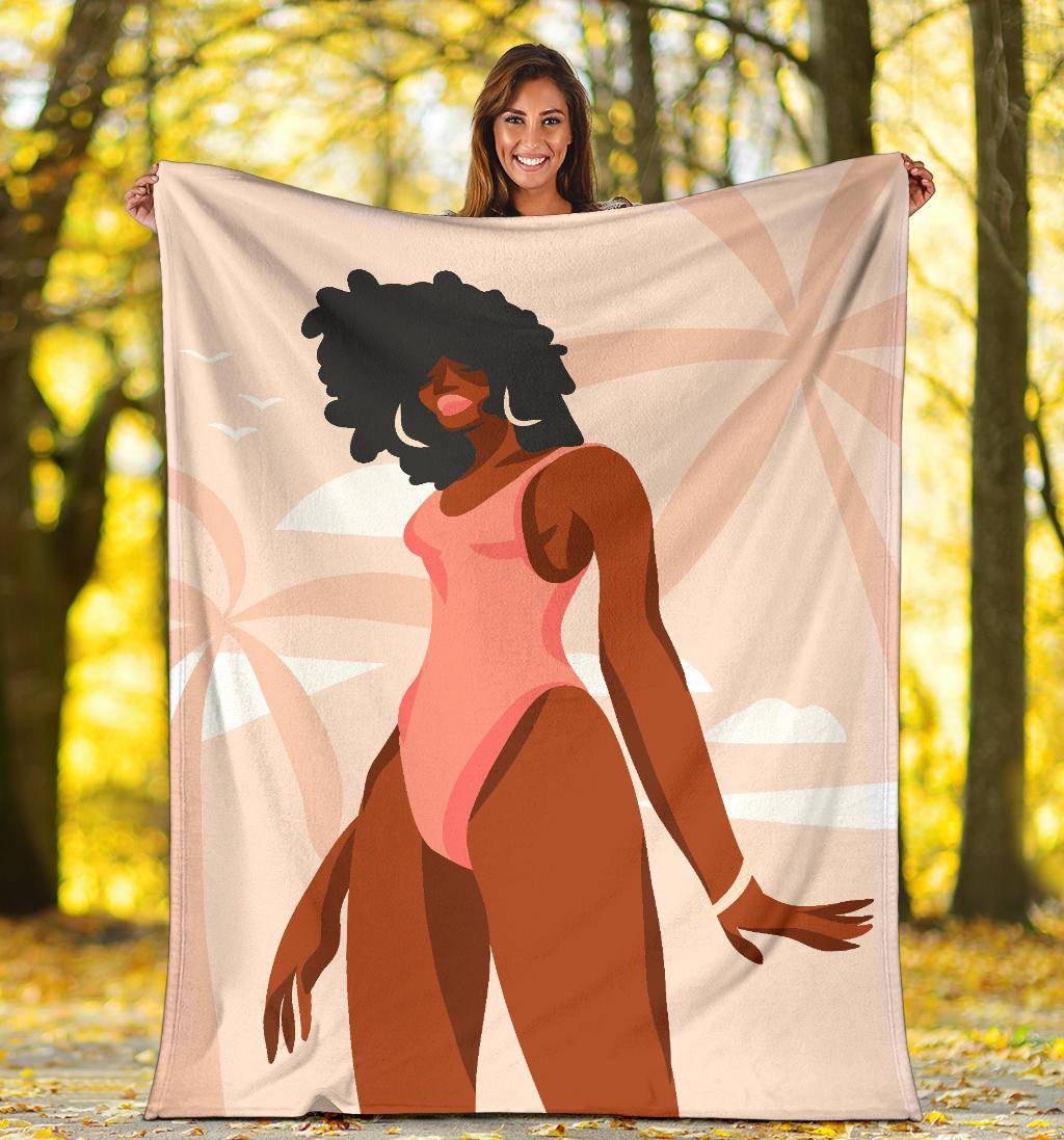 Hand Drawn Afro American Woman Bikini Beach Palms Premium Blanket - Top Content | POD Collection | Free Shipping