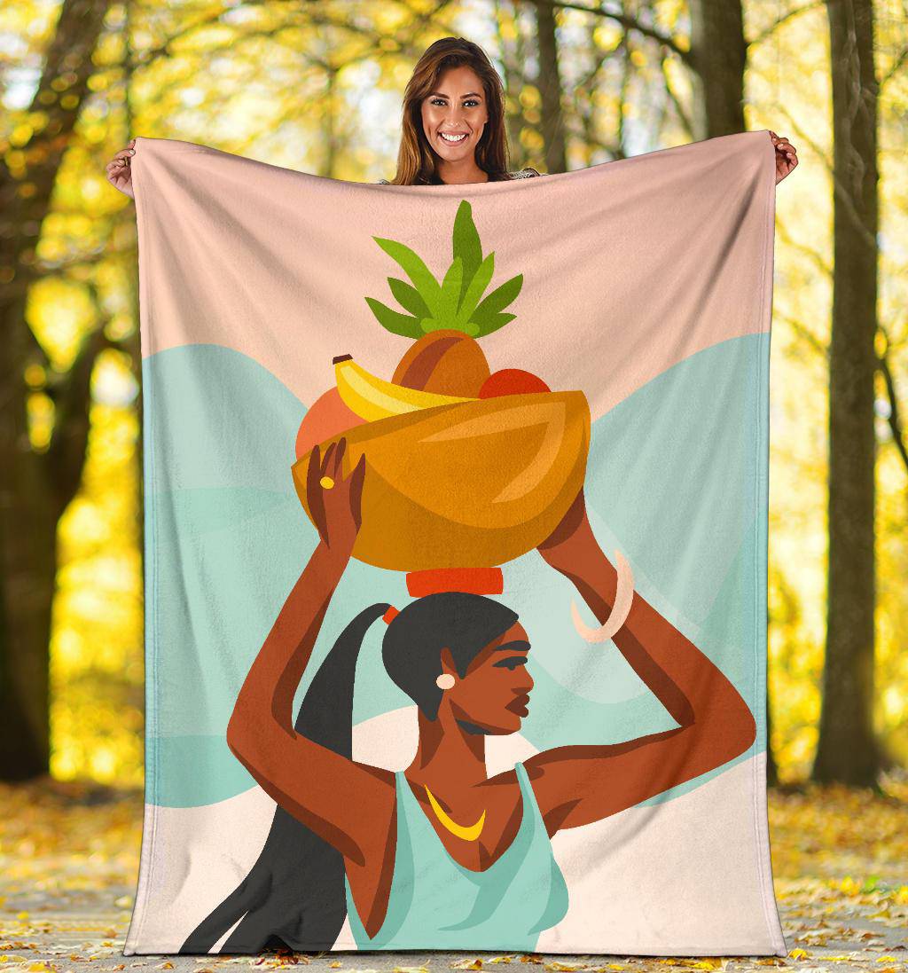 Young Female Carries Basket with Fruits on her Head, Hand Drawn Premium Blanket - Top Content | POD Collection | Free Shipping