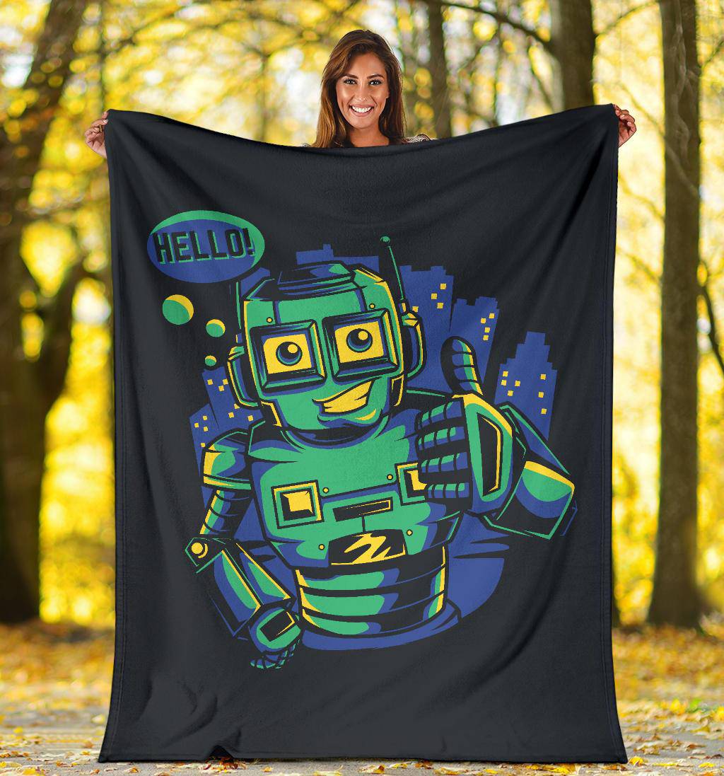 Hello Robot Happy Bot Droid Cartoon Premium Blanket - Top Content | POD Collection | Free Shipping