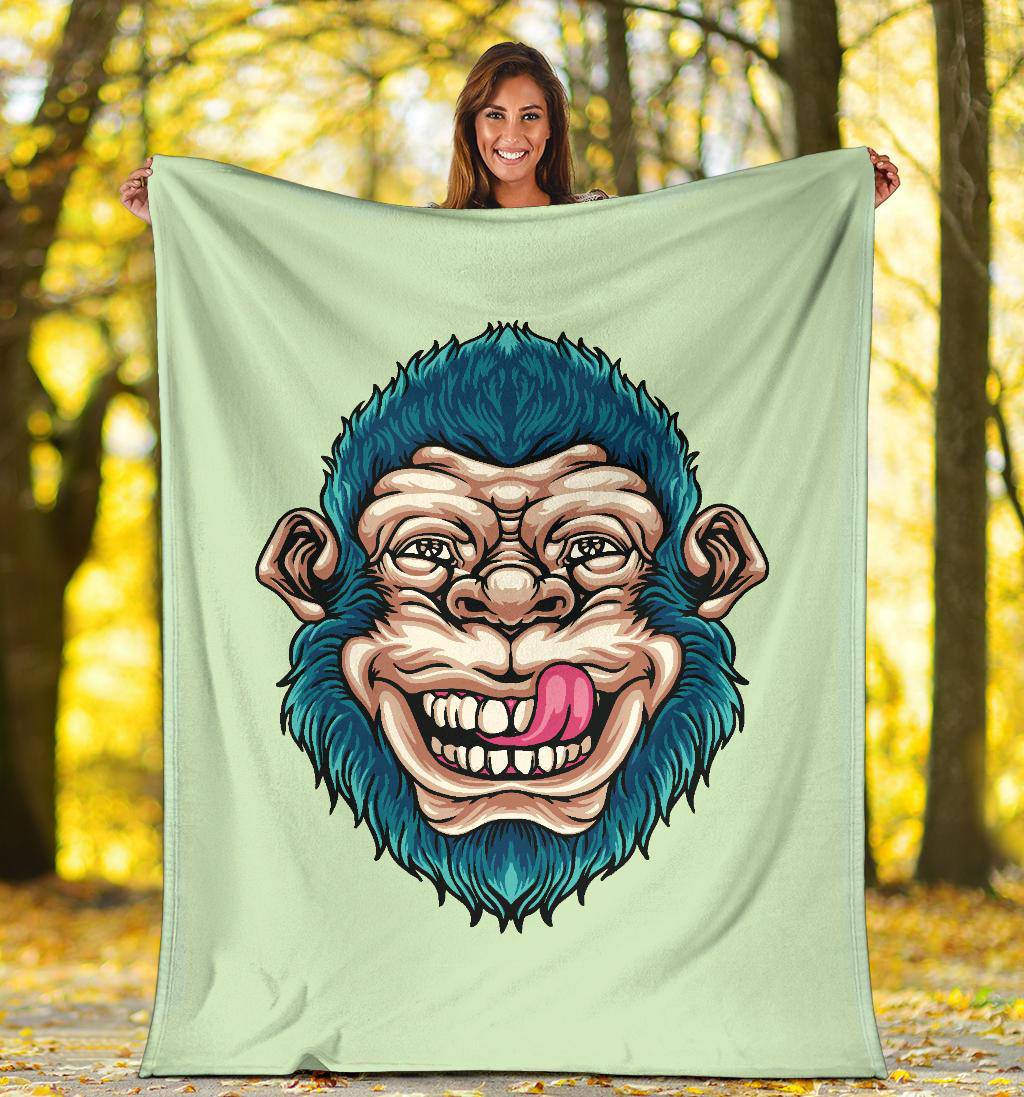 Funny Monkey Head Premium Blanket, Cool Cartoon Vector Illustration - Top Content | POD Collection | Free Shipping