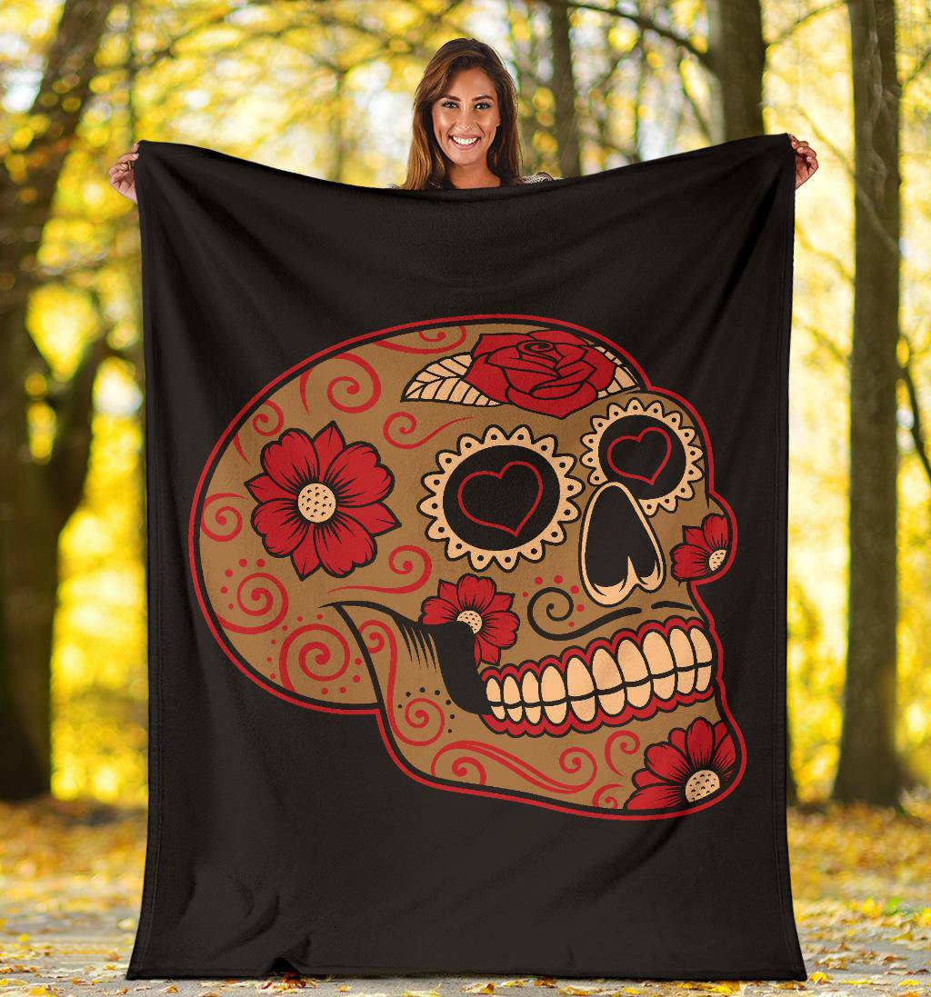 Colourful Mexican Sugar Skull, Hears Flowers Illustration Premium Blanket - Top Content | POD Collection | Free Shipping