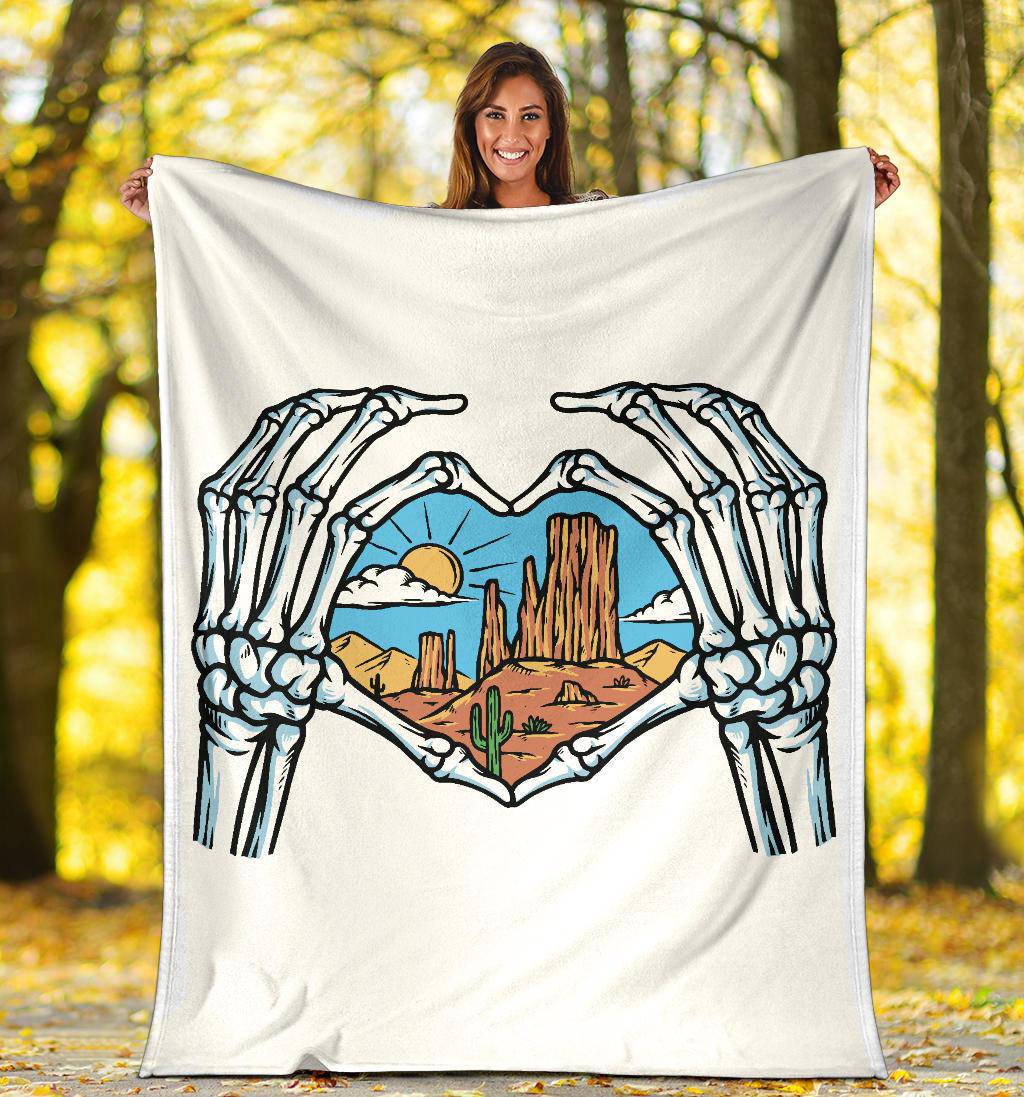 Skeleton Hands Shows Love For Desert View Cartoon Premium Blanket - Top Content | POD Collection | Free Shipping