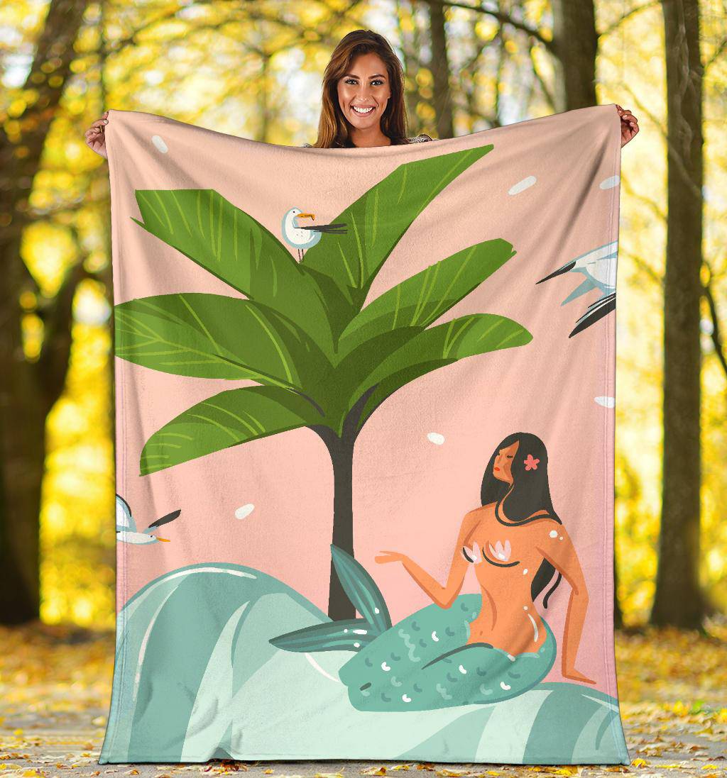 Summer Vibes Cartoon, Girl Mermaid on the Beach, Hand Drawn Premium Blanket - Top Content | POD Collection | Free Shipping