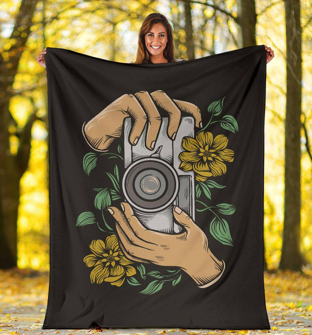 Holding Vintage Camera Cartoon Flower Illustration Premium Blanket - Top Content | POD Collection | Free Shipping