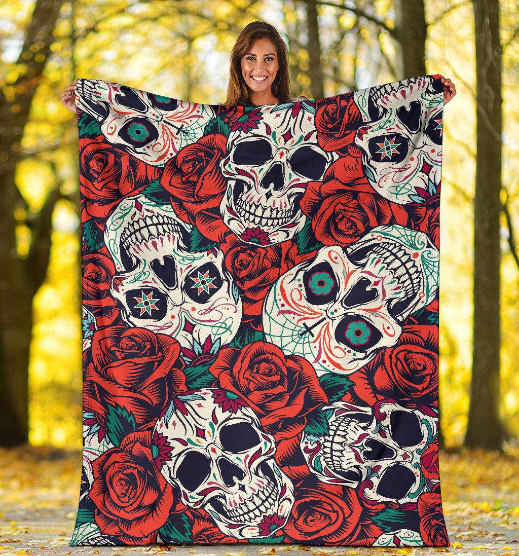 DÃ­a De Muertos Skull Roses Pattern Premium Blanket - Top Content | POD Collection | Free Shipping