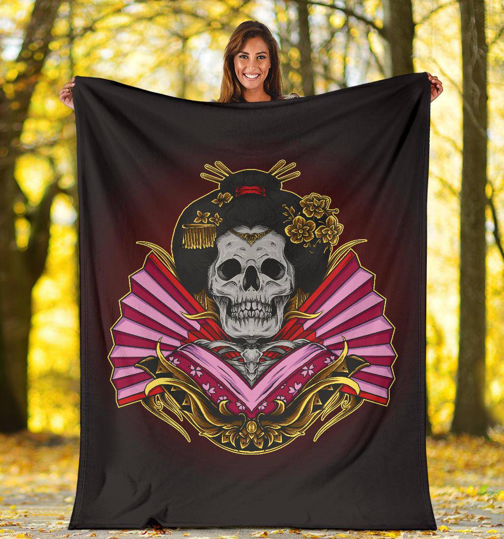 Skeleton Geisha Skull Premium Blanket, Cool Japanese Art Illustration - Top Content | POD Collection | Free Shipping