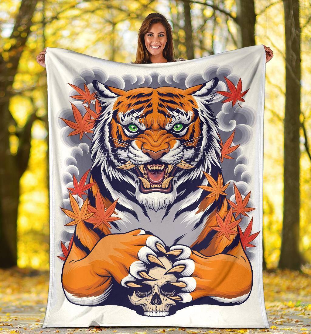 Tiger Skull Illustration Premium Blanket, Japanese Style Art - Top Content | POD Collection | Free Shipping